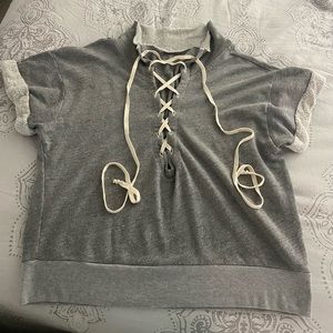 Anthropologie Gray Short-Sleeve Lace-Up Sweatshirt